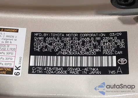 2010 Toyota Camry Le из США, поврежденный, VIN JTNBK3EKXA3048230